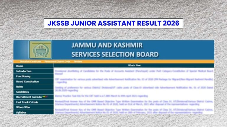 JKSSB Junior Assistant Result 2026 for Written Examination, Merit List Release Soon 