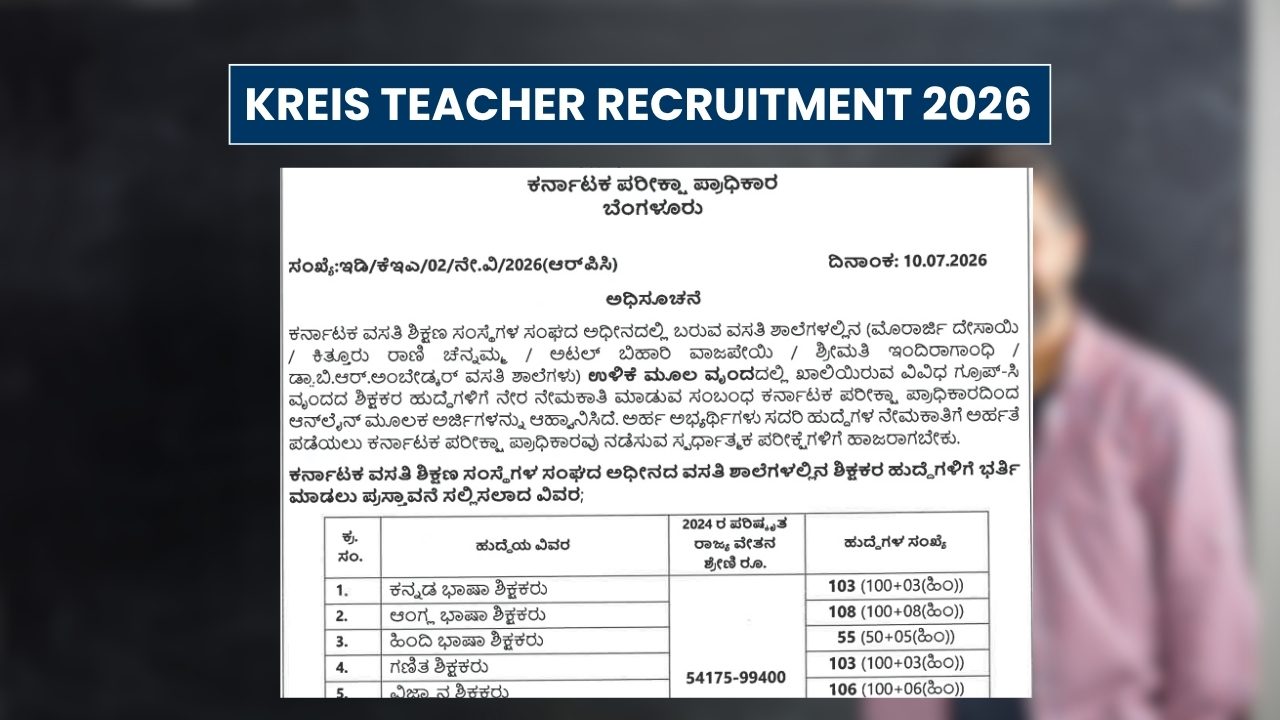KREIS Teacher Recruitment 2026 Notification Out for 1,087 Posts; Apply from July 15