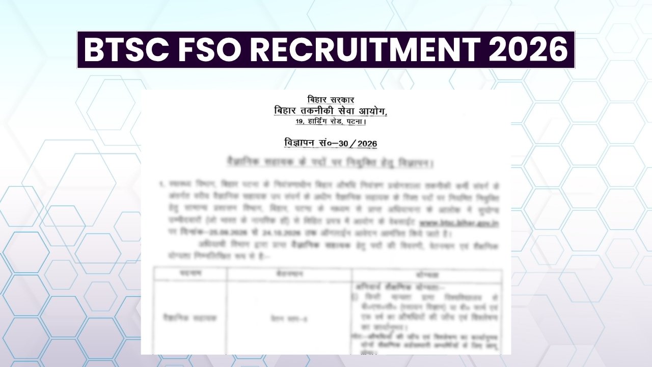 BTSC FSO Recruitment 2026 Notification Out for 105 Food Safety Officer Posts